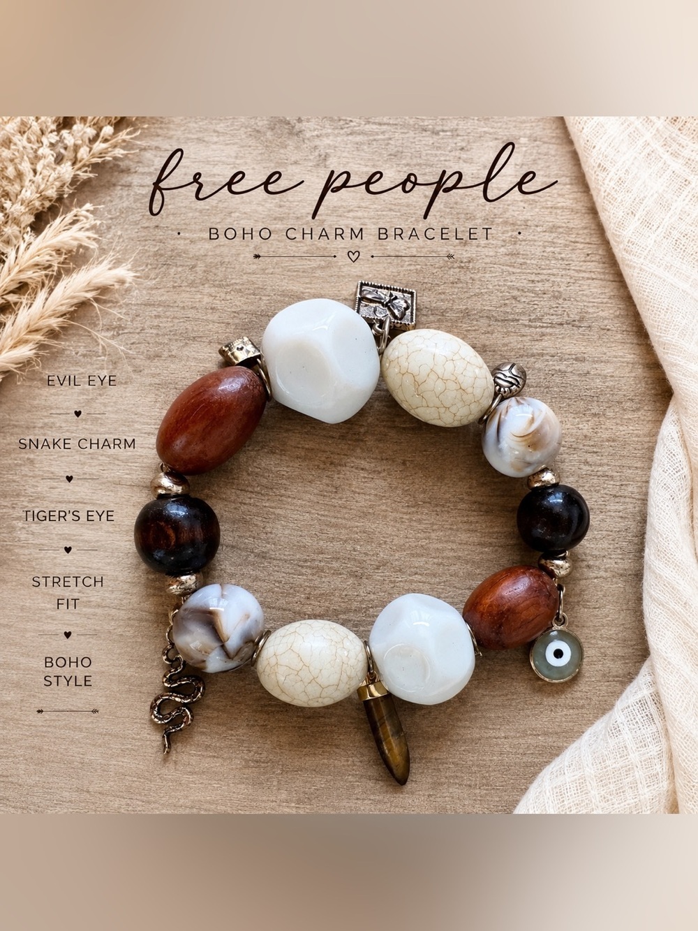 Free People Vintage Boho Stone Charm Stretch Bracelet Evil Eye Snake Tiger’s Eye